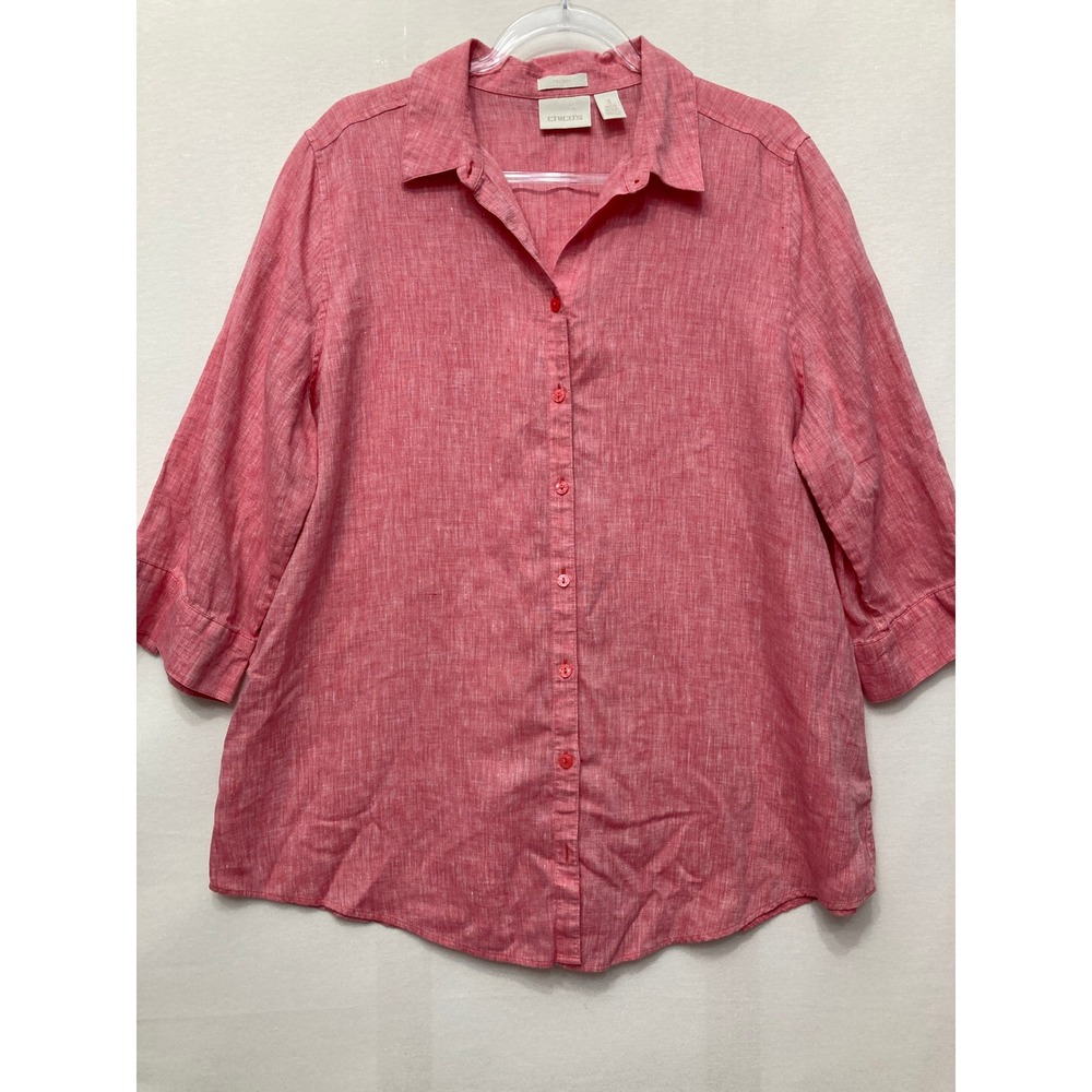 Chico's Button Down Size 3/XL Coral Pink 100% Linen No-Iron 3/4 Sleeve Preppy